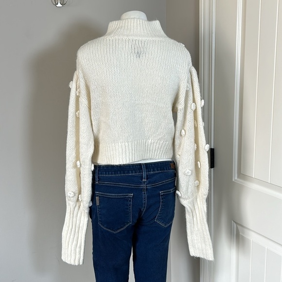 Farm Rio Floral Applique Lantern Sleeve Sweater Cream Mock Neck Trendy Sz S - Picture 7 of 16